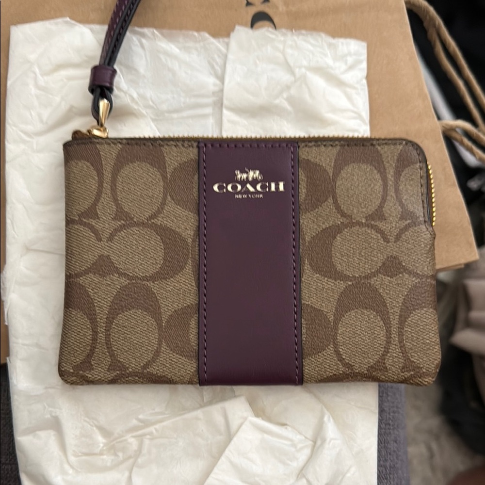 Coach Signature Brown and Purple Wristlet